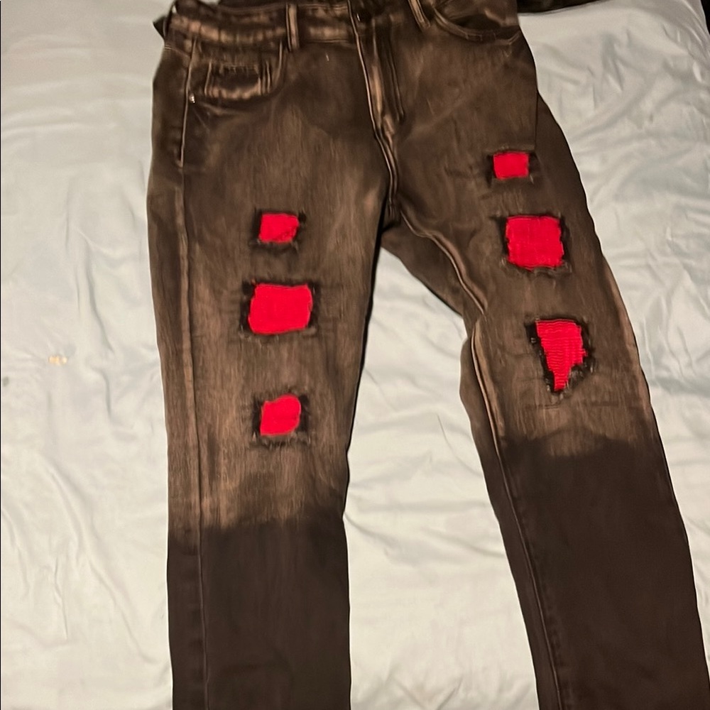 Stylish Black and Red Distressed Men's Jeans